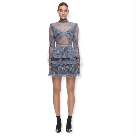 Self-Portrait Grey Blue Ruffle Dot Organza Lace Tiered Mini Dress - Picture 1 of 9